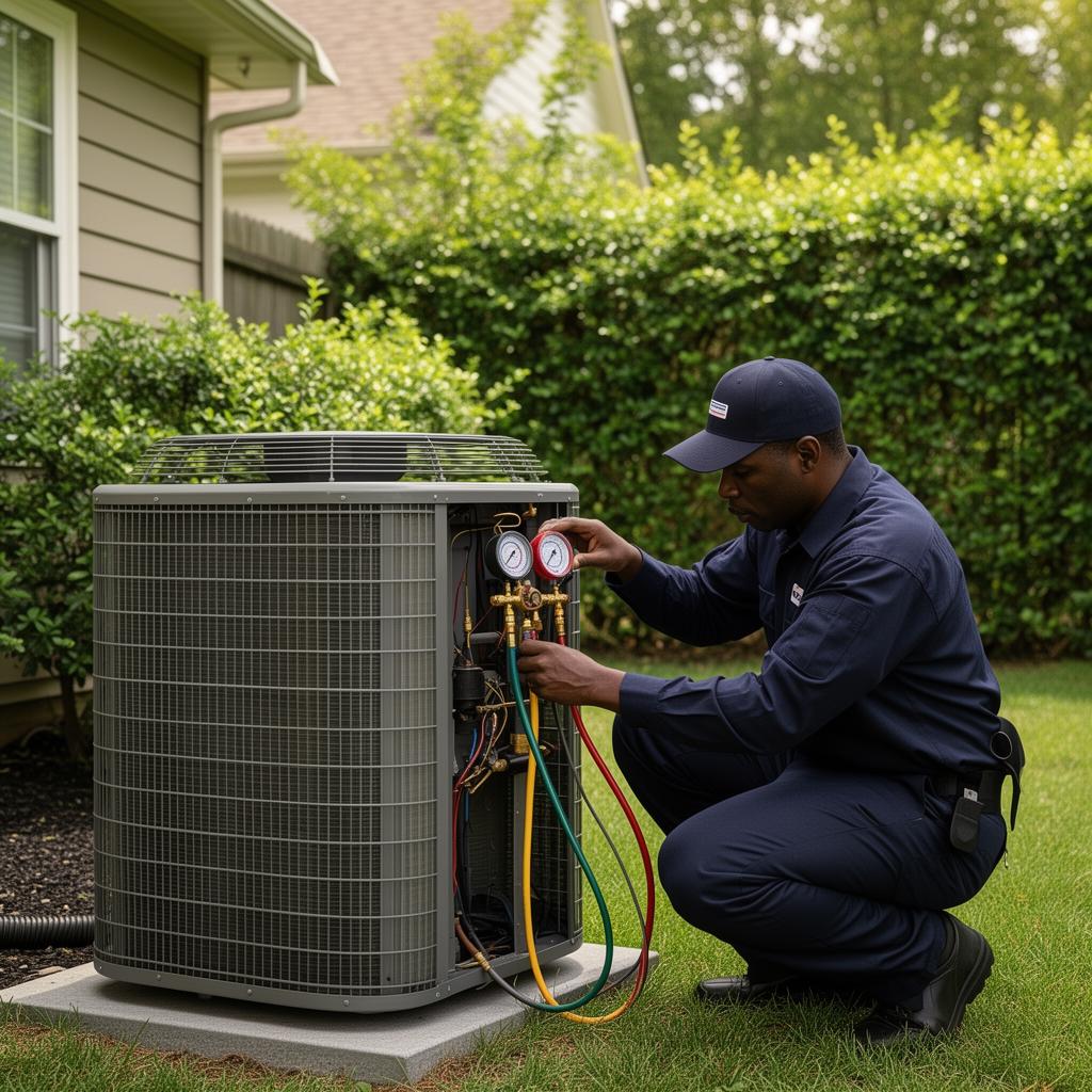 HVAC technician installing AC condenser